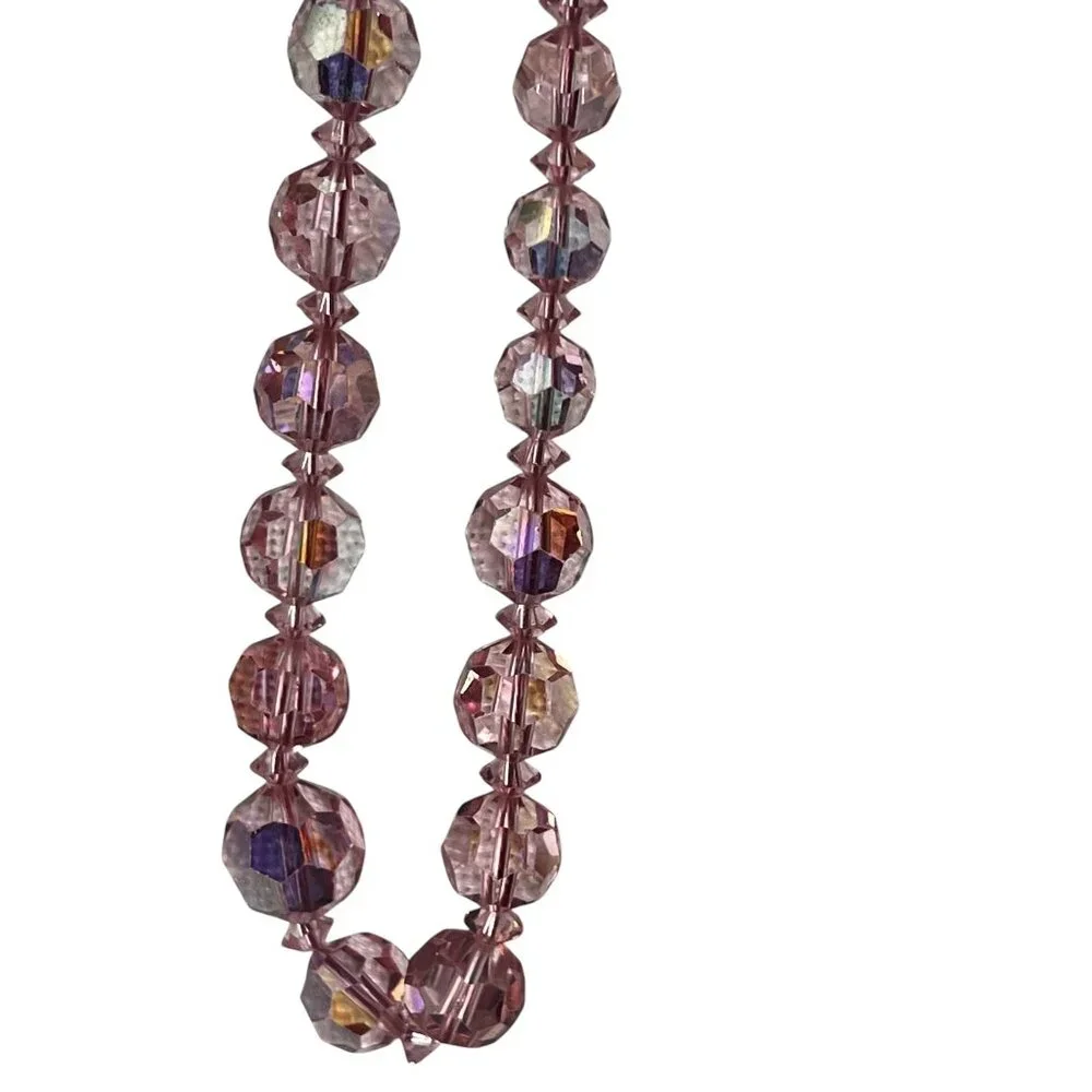Pink Aurora Borealis Faceted Glass Bead Necklace 18" L Vintage - Picture 5 of 9